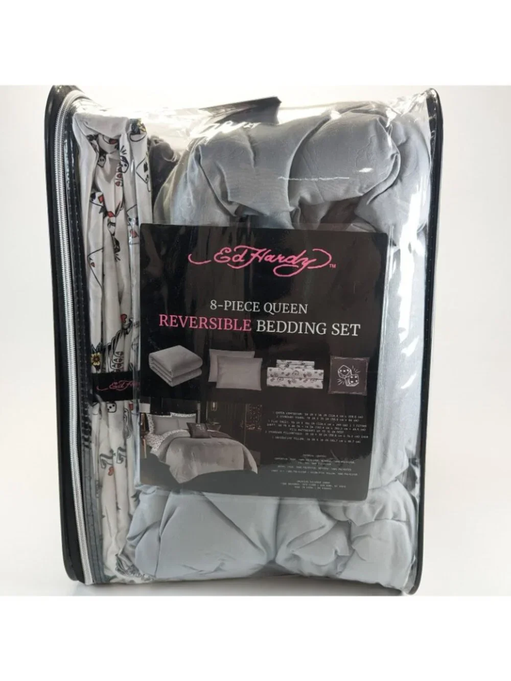 Ed Hardy Queen Comforter Bed Set w Shams Pillow Sheets Black White Dice Skull